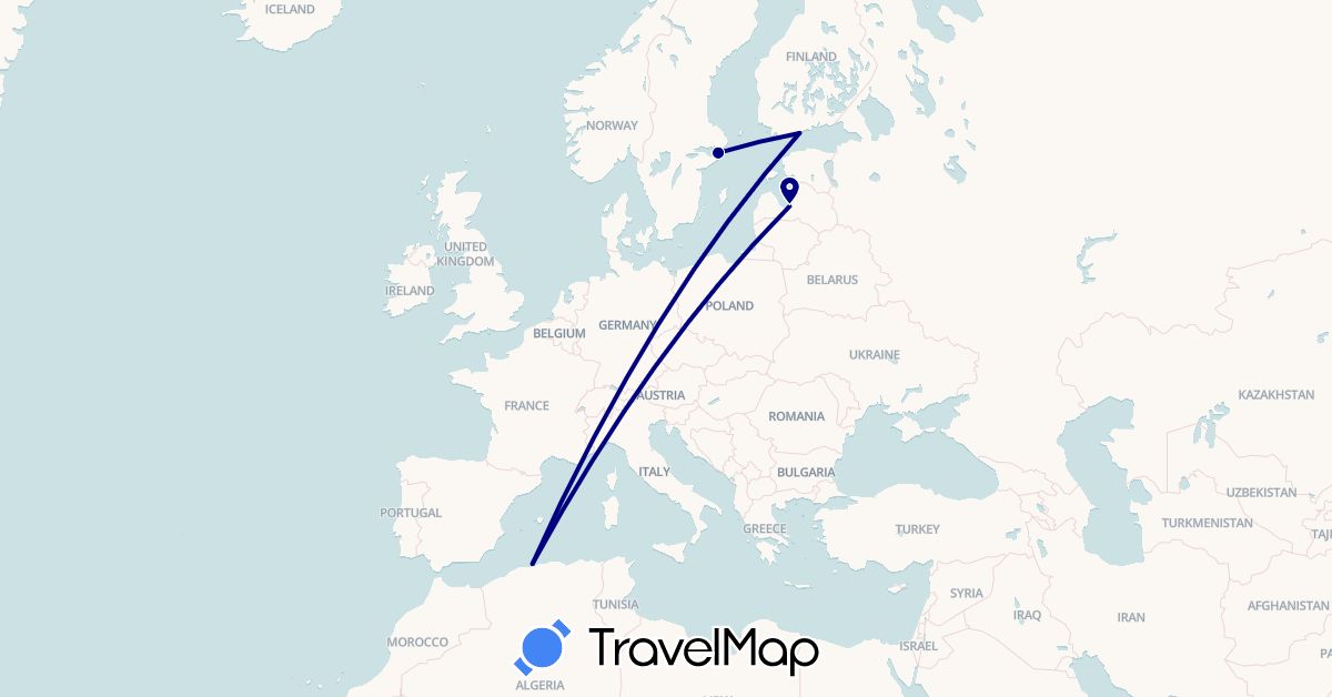TravelMap itinerary: driving in Algeria, Finland, Latvia, Sweden (Africa, Europe)