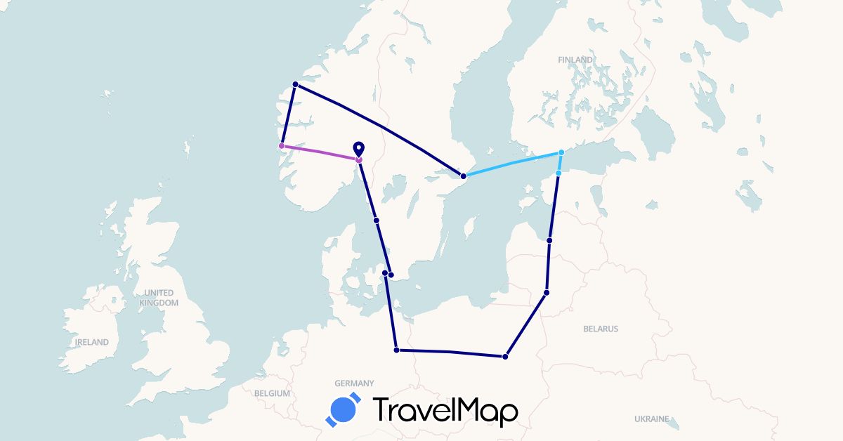 TravelMap itinerary: driving, train, boat in Germany, Denmark, Estonia, Finland, Lithuania, Latvia, Norway, Poland, Sweden (Europe)